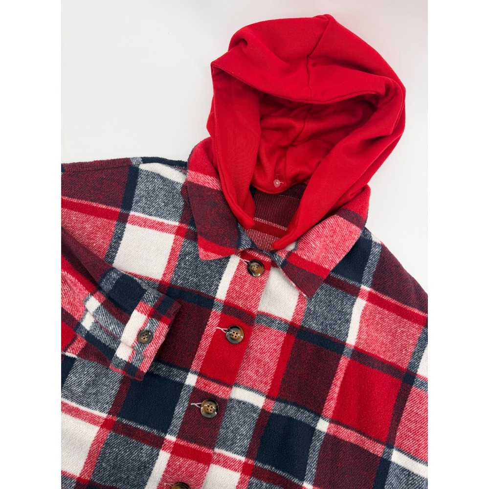 Womens Plaid Flannel Shirt Jacket Hoodie‎ Red Navy White Casual Outerwear Medium